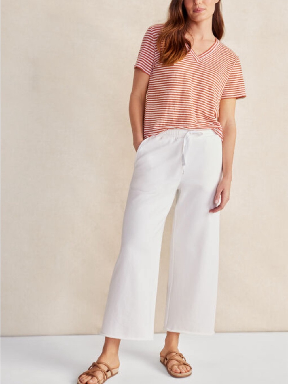 Striped V-Neck Tee with White Wide-Leg Pants